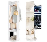 RELAX4LIFE 360° Swivel Jewellery Cabinet, 3-Color LED Lights Jewelry Organiser with Full Length Mirror & Coat Rack, Dressing Cosmetics Armoire for Bedroom Dressing Room