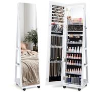 RELAX4LIFE 360° Swivel Jewellery Cabinet, 3 in 1 Standing Lockable Jewelry Armoire with Full-Length Mirror, 3-Color LED Lights, Storage Shelves & 4 Wheels, Mobile Jewellery Organiser (White)