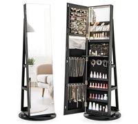 RELAX4LIFE 360° Swivel Jewellery Cabinet, Lockable Jewelry Armoire with Full-Length Mirror & 3-Color LED Lights, Freestanding Cosmetic Storage Organizer for Living Room Dressing Room (Black)