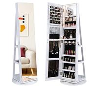 RELAX4LIFE 360° Swivel Jewellery Cabinet, Lockable Jewelry Armoire with Full-Length Mirror & 3-Color LED Lights, Freestanding Cosmetic Storage Organizer for Living Room Dressing Room (White)