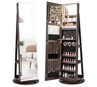 RELAX4LIFE 360° Swivel Jewellery Cabinet, Lockable Jewelry Armoire with Full-Length Mirror & 3-Color LED Lights, Freestanding Cosmetic Storage Organizer for Living Room Dressing Room (Espresso)