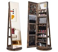 RELAX4LIFE 360° Swivel Jewellery Cabinet, Lockable Jewelry Armoire with Full-Length Mirror & 3-Color LED Lights, Freestanding Cosmetic Storage Organizer for Living Room Dressing Room (Rustic Brown)