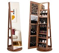 RELAX4LIFE 360° Swivel Jewellery Cabinet, Lockable Jewelry Armoire with Full-Length Mirror & 3-Color LED Lights, Freestanding Cosmetic Storage Organizer for Living Room Dressing Room (Brown)