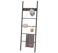 RELAX4LIFE 5-Tier Towel Ladder, Wall-Leaning Blanket Ladder Shelf with 5 Removable Hooks, Metal Frame Industrial Towel Rack Display Stand for Decorative Bathroom, Living Room