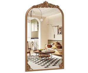 RELAX4LIFE Decorative Wall Mirror, Antiqued Gold Baroque Ornate Arched Mirror with Hanging Hooks, Vintage Metal Wall Mounted Accent Vanity Mirror for Living Room, Bedroom and Hallway (90 x 61cm)