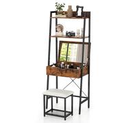 RELAX4LIFE Dressing Table with Stool and Flip Top Mirror, Ladder Vanity Makeup Table with 2 Ladder Shelves and 4 Hidden Storage Compartments, Cosmetic Bedroom Dresser Make Up Desk (Rustic Brown+Black)