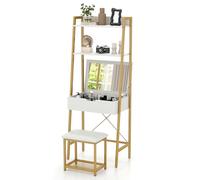 RELAX4LIFE Dressing Table with Stool and Flip Top Mirror, Ladder Vanity Makeup Table with 2 Ladder Shelves and 4 Hidden Storage Compartments, Cosmetic Bedroom Dresser Make Up Desk (White+Gold)