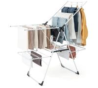 RELAX4LIFE Folding Clothes Drying Rack, Collapsible 2-Level Clothes Airer Drying Horse with 33 Drying Rails, Height Adjustable Wings and Sock Clips, Stainless Steel Laundry Dryer Hanger (White)