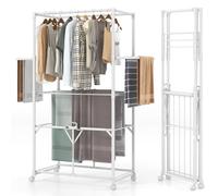 RELAX4LIFE Folding Clothes Drying Rack, H-shaped Aluminum Laundry Rack Stand with 4 Universal Wheels, Hanging Rods, 2 Folding Side Shelves & Detachable Middle Shelf, Collapsible Hanging Dryer Hanger