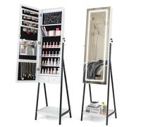 RELAX4LIFE Freestanding Jewellery Cabinet, 3-Color LED Lights Jewelry Armoire with Full-Length Mirror, 2 Drawers & Bottom Shelf, Lockable Jewellery Organiser Cosmetics Storage Unit (White)