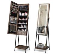 RELAX4LIFE Freestanding Jewellery Cabinet, 3-Color LED Lights Jewelry Armoire with Full-Length Mirror, 2 Drawers & Bottom Shelf, Lockable Jewellery Organiser Cosmetics Storage Unit (Rustic Brown)