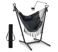 RELAX4LIFE Hammock Chair with Stand and Phone Holder, 6 Height Adjustable Swing Chair with Handy Pocket and Humanized Pillow, Garden Tassels Hanging Seat for Balcony Yard Poolside