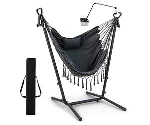 RELAX4LIFE Hammock Chair with Stand and Phone Holder, 6 Height Adjustable Swing Chair with Handy Pocket and Humanized Pillow, Garden Tassels Hanging Seat for Balcony Yard Poolside