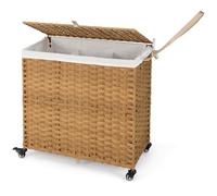 RELAX4LIFE Laundry Basket on Wheels, 125L 3-Section Large Laundry Hamper with Lid, Removable Liner Bag & Handles, Rattan Divided Clothes Sorter Washing Bin for Dorm, Bathroom, Bedroom (Natural)