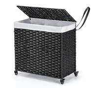 RELAX4LIFE Laundry Basket on Wheels, 125L 3-Section Large Laundry Hamper with Lid, Removable Liner Bag & Handles, Rattan Divided Clothes Sorter Washing Bin for Dorm, Bathroom, Bedroom (Black)