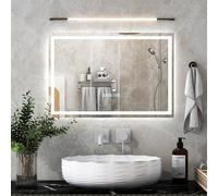 RELAX4LIFE LED Bathroom Mirror, IP44 Anti-Fog Illuminated Wall Vanity Mirror with 3-Color Dimmable, Time/Temp Display, Memory Function & Touch Sensor, Rectangular Makeup Dressing Mirror (750x500mm)