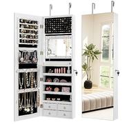 RELAX4LIFE LED Lights Jewellery Cabinet, 2 IN 1 Door Hanging/Wall Mounted Jewelry Organiser with Full Length Mirror, Lockable Dressing Cosmetics Organizer Unit for Bedroom Dressing Room (White)
