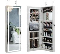RELAX4LIFE LED Lights Jewellery Cabinet, Lockable Makeup Jewelry Armoire with Full Length Mirror, Door Hanging/Wall Mounted Cosmetics Storage Organizer for Bedroom (3-Color LED Lights, White)