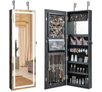 RELAX4LIFE LED Lights Jewellery Cabinet, Lockable Makeup Jewelry Armoire with Full Length Mirror, Door Hanging/Wall Mounted Cosmetics Storage Organizer for Bedroom (3-Color LED Lights, Black)