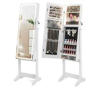 RELAX4LIFE LED Lights Jewellery Cabinet, Standing Lockable Jewelry Armoire Organizer with 3-Color Lighted Full Length Mirror & 3 Tilt Angles, Large Capacity Makeup Cosmetic Storage Unit (White)