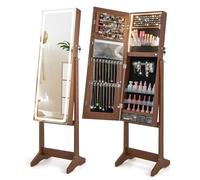 RELAX4LIFE LED Lights Jewellery Cabinet, Standing Lockable Jewelry Armoire Organizer with 3-Color Lighted Full Length Mirror & 3 Tilt Angles, Large Capacity Makeup Cosmetic Storage Unit (Rustic Brown)