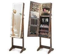 RELAX4LIFE LED Lights Jewellery Cabinet, Standing Lockable Jewelry Armoire Organizer with 3-Color Lighted Full Length Mirror & 3 Tilt Angles, Large Capacity Makeup Cosmetic Storage Unit (Walnut)