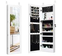 RELAX4LIFE Lockable Jewellery Cabinet, 2 IN 1 Door Hanging/Wall Mounted Jewelry Armoire with 15 LED Lights & Full-Length Mirror, Makeup Cosmetic Storage Organizer Unit for Bedroom (White)