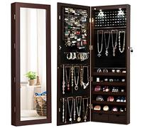 RELAX4LIFE Lockable Jewellery Cabinet, Wall/Door Mounted Mirrored Armoire with Adjustable Hanging Hook & Full-length Door, Powerful Cosmetics Makeup Organizer for Bedroom Dressing Room (Brown)