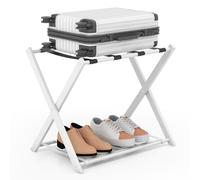 RELAX4LIFE Luggage Rack, Foldable Suitcase Stand with Storage Shelf and Nylon Straps, 2-Tier Metal Luggage Holder Space-Saving Storage Stand for Guest Room, Bedroom, Hotel, 68x45x57cm (White + Black)