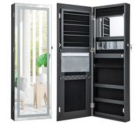 RELAX4LIFE Mirrored Jewellery Cabinet, Door/Wall Mounted Jewelry Armoire Organizer with 3-Color LED Lights, Full Length Mirror & Makeup Mirror, Lockable Cosmetics Jewellery Storage Unit (Black)