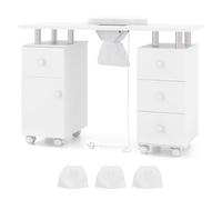 RELAX4LIFE Rolling Manicure Table, Mobile Nail Tech Desk Station with Electric Dust Collector, Wrist Rest, 8 Lockable Wheels, 4 Drawers & 1 Cabinet, Professional Wooden Nail Art Workstation (White)