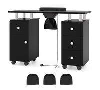 RELAX4LIFE Rolling Manicure Table, Mobile Nail Tech Desk Station with Electric Dust Collector, Wrist Rest, 8 Lockable Wheels, 4 Drawers & 1 Cabinet, Professional Wooden Nail Art Workstation (Black)