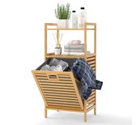 RELAX4LIFE Tilt-out Laundry Hamper, 43L Bamboo Laundry Basket with Foldable & Removable Fabric Liner and 2-Tier Storage Shelves, Dirty Clothes Sorter Washing Bin Organiser Unit for Bathroom, Bedroom