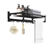 RELAX4LIFE Wall Mounted Towel Rack, 90° Folding Towel Holder Organizer with 1 Basket, Adjustable Towel Bar & Movable Hooks, Space Aluminum Bathroom Towel Rail Shelving Unit, No Assembly Required