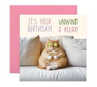 Relaxation Birthday Card for Her - 'Unwind And Relax Birthday Cat' - Gifts for Women, Wife, Mum, Girlfriend, Friend - Fat Cat Pampering - Comes with Fun Stickers