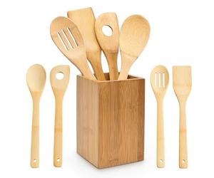 Relaxdays 10014471 - Set of 4 kitchen spoons and stand, bamboo