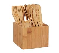 Relaxdays 10024596, Natural Bamboo Set, Each 10 x Knives, Forks, Spoons &Teaspoons, Cutlery Holder, Reusable, 41 Pieces