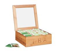 Relaxdays 10024614, Natural Bamboo Tea Box with 9 Compartments, Square Crate for Teabags, with Window, HWD: 8.5 x 22 x 22 cm