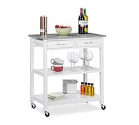 Relaxdays 10025158, White Kitchen, Modern Serving Cart with Worktop, Farmhouse Look, 2 Shelves, 2 Drawers, 87x78x48.5 cm, Fibreboard