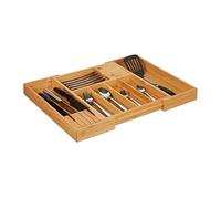 Relaxdays 10027482 Bamboo Cutlery Tray, Extendible, 2 Knife Blocks, Drawer Insert with 5-7 Compartments, HWD 5x56x43 cm, Natural