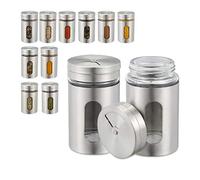 Relaxdays 10027637 Spice Shaker Set of 12, 3 Dispensing Sizes, Window, Herb Jars, Glass, Stainless Steel, Containers, Silver