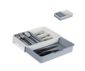 Relaxdays 10027748_111 Cutlery Tray, Extendable, 7 Compartments for Silverware & Kitchen Utensils, HWD 6x23.5x31.5 cm, Grey, Plastic
