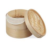Relaxdays 10027850 Bamboo Steamer Basket, 2 Tiers, for Rice, Dim Sum, Vegetables, Fish, Organic, Asian Cuisine, Ø 20.5cm, Natural