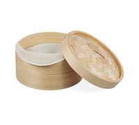 Relaxdays 10027851 Bamboo Steamer Basket, 2 Tiers, for Rice, Dim Sum, Vegetables, Fish, Organic, Asian Cuisine, Natural, Cotton, Paper (18 x 25 cm)