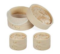 Relaxdays 10027887 Bamboo Steamer Basket, Set of 3, 1 Tier, for Rice, Dim Sum, Vegetable, Fish, Asian Cuisine, Ø 13.5 cm, Natural