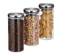Relaxdays 10027999 Glass Set Of3, 1.3 L, Airtight, Stainless Steel Lids, for Coffee, Tea, Sugar, Kitchen Jars, Transparent