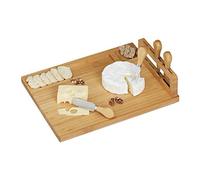 Relaxdays 10028826 Board with Cutlery, Plate Fork, Spade, Hard & Soft Cheese Knife, Bamboo & Stainless Steel, Natural