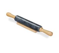Relaxdays 10028837_46 Nudelholz Marmor Marble Rolling Pin, Wooden Handles, Roller for Cooking and Baking, with Stand, Heavy, Black