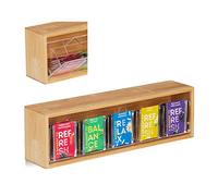 Relaxdays 10028846 Tea Box Natural Bamboo, 5 Compartments for 50 Sachets, Transparent Lid, Wall-Mounted, Flavour Protection, Plastic