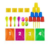 Relaxdays 10028884 Children's Party, 3 in 1 Set, Garden Games for Children's Birthday, Sackjumping, Egg Runners, Can Throwing, Colourful, Multicoloured